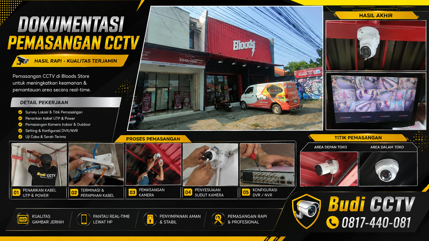 Instalasi CCTV Hikvision Smart Hybrid Light ColorVu di salah satu toko fashion Bloods Cirebon